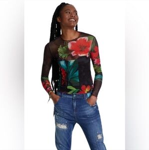 New Desigual Spring Garden Sheer Floral Top  w/ Tank Top Liner Included Size XS
